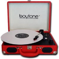 Boytone BT-101RD Bluetooth Turntable Briefcase Record Player AC-DC, Built In Rechargeable Battery, 2 Stereo Speakers 3-Speed, LCD Display, FM Radio, USB/SD Slot, AUX / MP3, Encoding, 110 To 220 Volt; 33/45/78 RPM; Briefcase Form Factor with Rechargeable Battery; Bluetooth Connectivity to play music from Phone, Tablet, etc; USB Connectivity (Charge from an adaptor or PC); FM Radio with Stereo FM; UPC 642014747344 (BOYTONE BT101RD BT 101RD BT-101RD COSTTAG) 