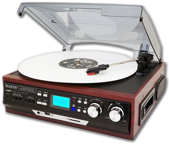 Boytone BT-37B-C Bluetooth 3-Speed Stereo Turntable, Wireless Connect To Devices speaker(Bluetooth Out Transfer), 2 Built-In Speakers, LCD Display, AM/FM Radio, USB/SD/AUX+ Cassette Player/MP3; 33/45/78 RPM; AM/FM Radio with Stereo FM; Bluetooth Connectivity to Bluetooth Sound Audibles; Cassette Tape Player; 2 Built-in Stereo Speakers; MP3 and WMA Playback; USB/SD Support; UPC 642014747283 (BOYTONE BT37BC BT 37B C BT-37B-C COSTTAG)