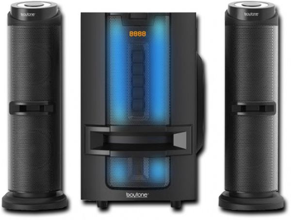 Boytone BT-426F Bluetooth 2.1 Powerful Home Theater Speaker System, with FM Radio, SD USB ports, Digital Playback, 50 Watts, Disco Lights, Full Function Remote Control, for Smartphone, Tablet; 50 Watt powerful sound (20+2x10) produces a wide audio spectrum with 5.25