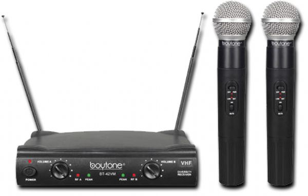 Boytone BT-42VM Dual Channel Wireless Microphone System, VHF Fixed Dual Frequency Wireless Mic Receiver, 2 Handheld Dynamic Transmitter Mics, For Karaoke, Dj, Church, Conference, With Carrying Cases; Dual Channel Wireless Microphone System; Each microphone operates on a single separate channel in the high-band VHF range for reliable; UPC 643307992182 (BOYTONEBT42VM BOYTONE BT-42VM COSTTAG MICROPHONE WIRELESS)