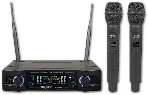 Boytone BT-46UM UHF Digital Channel Wireless Microphone System, Dual Fixed Frequency Wireless Mic Receiver, 2 Handheld Dynamic Transmitter Mics, For Party, Church, Aluminum carrying Cases, 110/220V; Genuine UHF Wireless Microphone System; Dual fixed channel; 2 Handheld dynamic wireless microphone system; Digital image; Range: 196 feet; Frequency 470 MHz  608 MHz; UPC 643307992212 (BOYTONE BT46UM BT 46UM BT-46UM COSTTAG)