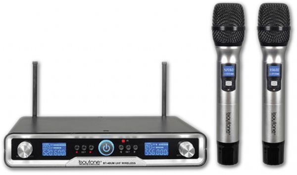 Boytone BT-48UM Pro Dual UHF Wireless Digital Metal Microphone-Base System, 100 Channels, 2 Handheld Dynamic Professional Cordless Mics, For Presentation Church, Events, With Aluminum Carrying Cases; Dual Channel Wireless Microphone System; UHF Fixed Dual Frequency Wireless Microphone Receiver; Two (2) Handheld Dynamic Metal Transmitter Microphones; UPC 643307992229 (BOYTONE COSTTAG BT-48UM BT 48UM BT48UM)
