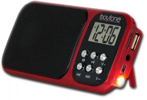 Boytone BT-92R Portable FM Transistor Radio Alarm Clock With Earphones, Rechargeable Battery, Built-in Speaker, Countdown Timer, LCD Tuning And Carry Strap + USB, Micro SD Slot, AUX, LED Flash Light, Red; Earphones Included; Countdown timer; Built-in speaker; Rechargeable battery; Headphone jack; LCD; Tuning; Carry strap; USB; Micro SD Slot; AUX; UPC 642014747368 (BOYTONEBT92R BOYTONE BT-92R COSTTAG PORTABLE TRANSISTOR RADIO ALARM CLOCK)