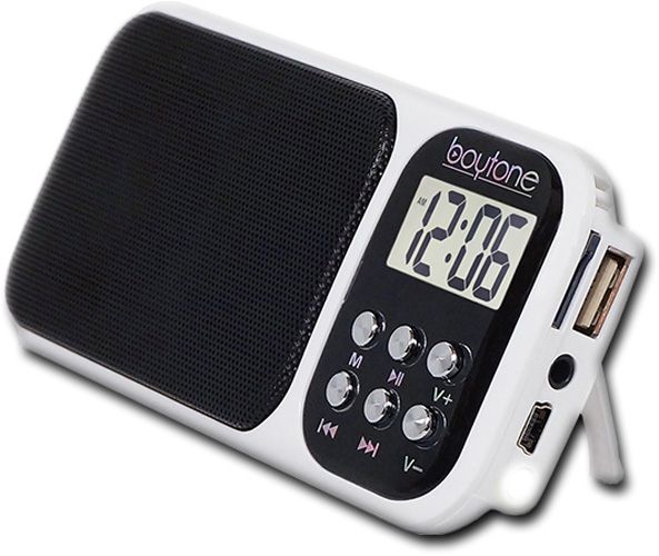 Boytone BT-92W Portable FM Transistor Radio Alarm Clock With Earphones, Rechargeable Battery, Built-in Speaker, Countdown Timer, LCD Tuning And Carry Strap + USB, Micro SD Slot, AUX, LED Flash Light, White; Earphones Included; Countdown timer; Built-in speaker; Rechargeable battery; Headphone jack; LCD; Tuning; Carry strap; USB; Micro SD Slot; AUX; UPC 642014747375 (BOYTONEBT92W BOYTONE BT-92W COSTTAG PORTABLE TRANSISTOR RADIO ALARM CLOCK)