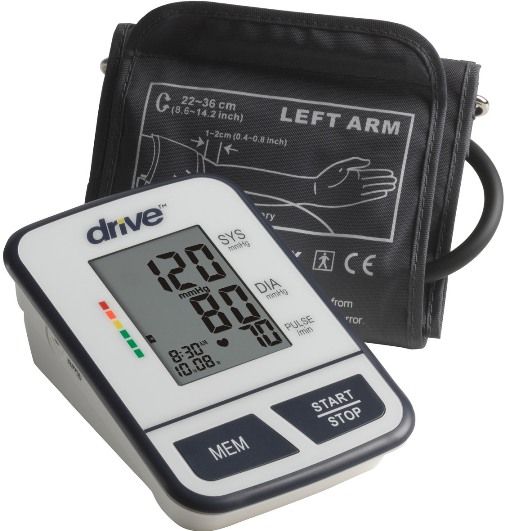 Drive Medical BP3400 Automatic Deluxe Blood Pressure Monitor, Upper Arm, WHO Classification, Irregular Heart Beat Detection, One Touch Operation, Large Easy-to-Read Screen, Date & Time Display, Pulse Rate Indicator, Digital Error Messages, 2 Months Battery Duration, 4 - AA Batteries, 2.45