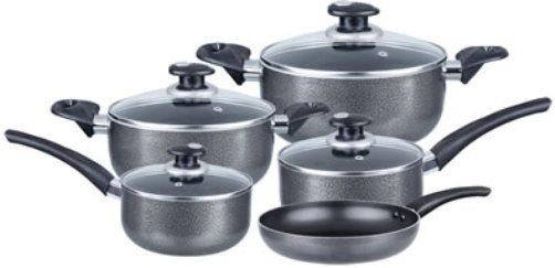 Brentwood Appliances BPS-109 Cookware 9-Piece Aluminum Non-Stick, Gray; 2.5 MM Heavy Gauge Aluminum; Tempered Glass Lid; Long-Lasting Heat-Resistance Bakelite Handles and Knobs; Two-Layered Non-Stick Coating Interior; Durable Granite Finish Exterior; Dishwasher Safe; Five-Layer Color Gift Box; UPC 857749002624 (BPS109 BPS 109 BP-S109)