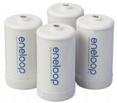 Panasonic BQ-BS1E4SA "D" Size Spacer 4-Pack; Quickly and easily convert eneloop AA batteries for use in "C" and "D" size battery applications; Great to have on hand in case of emergency; Perfect for use in flashlights, toys and other devices; Made from high quality, durable plastic; Weight on 0.35 ounces (C) and 0.77 ounces (D); Genuine eneloop quality; UPC 073096902312 (BQBS1E4SA BQ-BS1E4SA) 