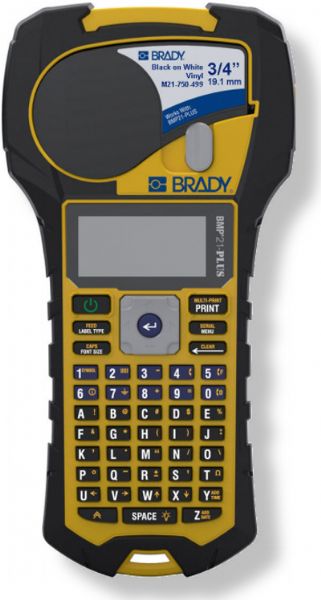 Brady BMP21-PLUS Label Printer, Yellow/Black Color; Automatic-label formatting for wire wraps, patch panels, terminal-blocks, cable flags, circuit breaker arrays and general banner labels; Drop-lock-and-print materials; Passed shock and vibration testing per; MIL-STD-810G Method 5.16.6 S4.6.5; Rechargeable Li-ION battery; Continuous-only supplies in 0.25