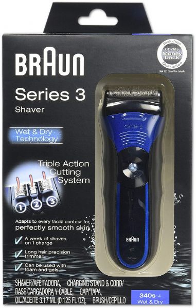 Braun 340 Wet And Dry Men's Electric Shaver; Wet and Dry shaver, can be used in either the shower or bath; Rechargeable only; 1 hour charge will last for upto 45 minutes; Triple action freeFloat system, shaves long and short hair inone stroke, for maximum comfort; 3-Stage Cutting System - shaves progressively closer in one stroke; 2 x LED (Charge indicators); 5 min quick charge; Extendable trimmer; Smartfoil; Energy efficient Smartplug; UPC 802757839779 (BRAUN340 BRAUN 340 BRAUN-340)
