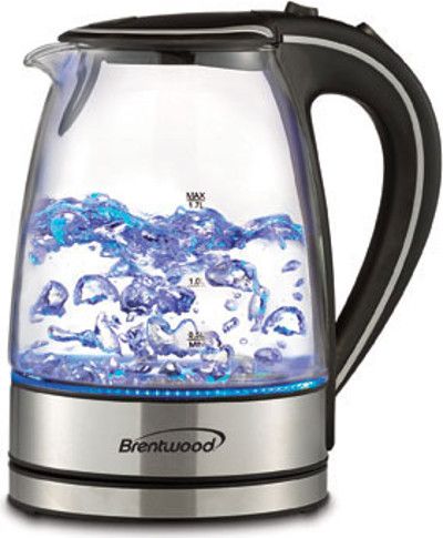 Brentwood Appliances KT-1900BK Borosilicate Glass Tea Kettle, Black Color, 1.7 Liter Capacity, BPA FREE, Removable Filter, 360 Degree Cordless Base, Blue LED Light, Dimensions 8.25