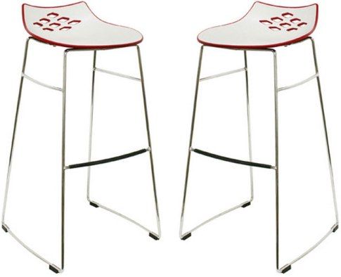Wholesale Interiors BS-343-RED Bar Stool White and Red, Diamond cut-outs on give the bar stool a trendy look, Durable molded plastic seat and metal construction ensures years of dependable use, Legs in attractive chrome finish provide stability, Plastic non-marking feet help protect sensitive flooring, Conveniently stackable for easy storage, 31.5