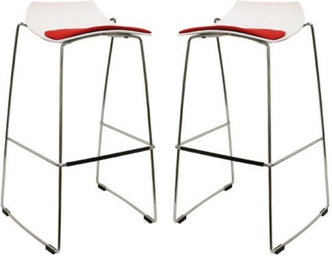 Wholesale Interiors BS-356A Bar Stool White Plastic, Light polyurethane foam padding makes for a comfortable seating, Sturdy white molded plastic seat and chrome metal legs ensure years of dependable use, Plastic non-marking feet help protect sensitive flooring, Easily moved, stored, and stacked, Modern and svelte bar stool perfect for your bar space, Set includes two stools, 31