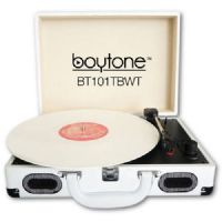 Boytone BT-101TBWT Mobile Briefcase Turntable; 33/45/78 RPM; BriefcaseForm Factor withRechargeable Battery; USB Connectivity (Charge from an adaptor or PC); FM Radio with Stereo FM; 2 Built-in Stereo Speakers; Large Digital LCD display; MP3 & WMA Playback; USB/SD Support; Encode/Convert Vinyl Records & Radio to MP3; Encode/Convert Aux In to MP3 (such as Pandora, YouTube, etc. from your phone or tablet); MP3 Encode Bit Rate: 128kbps; UPC  642014746897 (BT101TBWT BT-101TBWT BT-101TBWT) 
