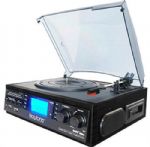 Boytone BT-19DJB-C Home Turntable System; 33/45/78 RPM; AM/FM Radio with Stereo FM; Cassette Player; 2 Built-in Stereo Speakers; MP3 & WMA Playback; USB/SD Support; Encode/Convert Vinyl Records & Cassette Tape to MP3; Encode/Convert Radio to MP3; Encode/Convert Aux In to MP3 (such as Pandora, YouTube, etc. from your phone or tablet); Remote Control; MP3 Encode Bit Rate: 128kbps; Aux In: 3.5mm; Additional Output: RCA; Power Supply: 120V 60Hz; UPC  642014746705 (BT19DJBC BT-19DJB-C BT-19DJB-C) 