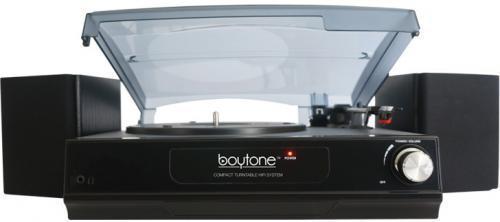 Boytone BT-14TBB-SP Home Turntable System, 33/45/78 RPM Variable Speed, Automatic/Manual stop turntable, Belt-driven system, 45 RPM adaptor included, RCA line-out, 2 Separate Stereo speakers with 2 x 1.5W output, MP3 Encode Bit Rate: 128kbps, Power Supply: 120V 60Hz, Weight: 9.5lbs, Unit Size: 20x14x8, UPC  642014746828 (BT14TBBSP BT-14TBB-SP BT-14TBB-SP)