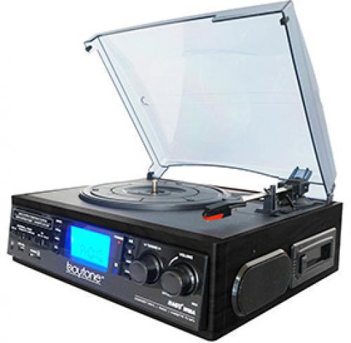 Boytone BT-19DJB-C Home Turntable System; 33/45/78 RPM; AM/FM Radio with Stereo FM; Cassette Player; 2 Built-in Stereo Speakers; MP3 & WMA Playback; USB/SD Support; Encode/Convert Vinyl Records & Cassette Tape to MP3; Encode/Convert Radio to MP3; Encode/Convert Aux In to MP3 (such as Pandora, YouTube, etc. from your phone or tablet); Remote Control; MP3 Encode Bit Rate: 128kbps; Aux In: 3.5mm; Additional Output: RCA; Power Supply: 120V 60Hz; UPC  642014746705 (BT19DJBC BT-19DJB-C BT-19DJB-C)