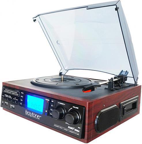 Boytone BT-19DJM-C Home Turntable System; 33/45/78 RPM; AM/FM Radio with Stereo FM; Cassette Player; 2 Built-in Stereo Speakers; MP3 & WMA Playback; USB/SD Support; Encode/Convert Vinyl Records & Cassette Tape to MP3; Encode/Convert Radio to MP3; Encode/Convert Aux In to MP3 (such as Pandora, YouTube, etc. from your phone or tablet); Remote Control; MP3 Encode Bit Rate: 128kbps; Aux In: 3.5mm; Additional Output: RCA; Power Supply: 120V 60Hz; UPC  642014746712 (BT19DJMC BT-19DJM-C BT-19DJM-C)