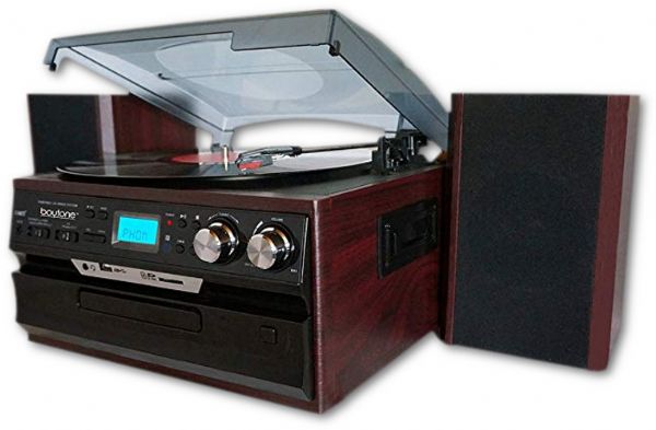 Boytone BT-21DJM-CDSP Turntable System; 33/45/78 RPM; AM/FM Radio with Stereo FM; Cassette Player; 2 Built-in Stereo Speakers; MP3 & WMA Playback; USB/SD Support; Encode/Convert Vinyl Records to MP3; Encode/Convert Radio to MP3; Encode/Convert Cassette Tape to MP3; Encode/Convert Aux In to MP3 (such as Pandora,YouTube, etc. from your phone or tablet); Remote Control; MP3 Encode Bit Rate: 128kbps; Aux In: 3.5mm; Additional Output: RCA; UPC  642014746835 (BT21DJMCDSP BT-21DJM-CDSP BT-21DJM-CDSP)