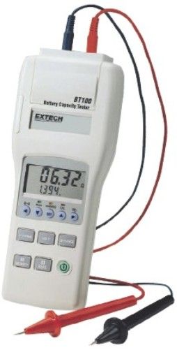 Extech BT100 Battery Capacity Tester; On-line testing without shutting down battery; Built-in datalogger stores up to 999 tests; Simultaneously measures battery resistance and voltage; Windows 95/98/NT/2000/ME/XP compatible software for downloading readings to a PC; Includes PC interface cable and software, test leads and 6 AAA batteries; Dimensions: 9.75 x 4 x 1.75 in.; Weight: 3 pounds; UPC 793950701003 (EXTECHBT100 EXTECH BT100 TESTER)