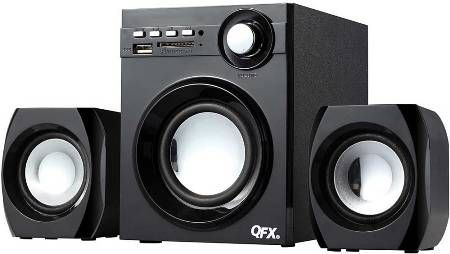 QFX BT-203 Active Multimedia NFC Bluetooth Speakers, Black; 2.1 Channels; FM radio 87MHZ-108MHZ; USB/SD Ports; Speaker for PC, MP3, MP4, Notebook; 2 Satellite Speaker; Subwoofer; Remote Control; 10w (5W+2.5Wx2) Power Output; RCA In; AC 100-240V 50/60Hz; Dimensions 6.75