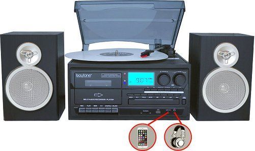 Boytone BT-28SBS Bluetooth Classic Style Record Player Turntable with CD Player & More, 33/45/78 RPM Variable Speed, AM/FM Radio with Stereo FM, Separate Stereo Speakers, CD Player, Cassette Player, MP3 & WMA Playback, USB/SD Support, UPC 642014747290 (BT-28SBS BT 28SBS BT28SBS)