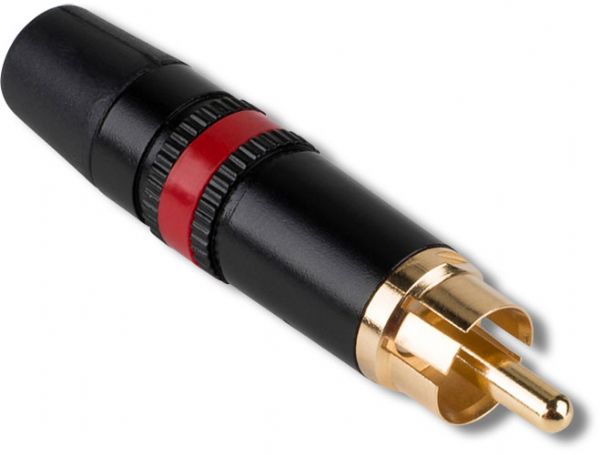 RCA BT297RE Plug With Black Shell, Red Band; Nickel-plate Red metal shell; Gold-plated center pin; 0.250