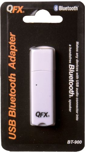 QFX BT-900 USB Buetooth Adapter For Streaming Music with Microphone, White; Make any device with USB port for playing music a Bluetooth device; Connect your modern smartphone, tablet, or other; Bluetooth-enabled device with devices that can play audio from USB; Bluetooth technology supports high-fidelity audio and A2DP for stereo music streaming; UPC 606540025604 (BT900 BT 900)