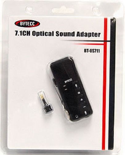 Bytecc BT-US711 Optical Sound Adapter, Optical S/PDIF output provides true 7.1 channel surround sound, Supports AES/EBU, IEC60958, S/PDIF Consumer Formats for Stereo PCM Data at S/PDIF output, Built-in amplifier for rich and powerful sound, Supports EAX 2.0, A3D 1.0, and Microsoft DirectSound 3D, Embedded 16-Bit ADC Input with Microphone Boost (BTUS711 BT US711)