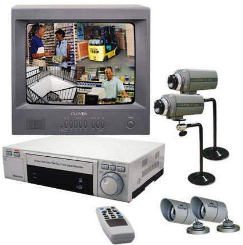 Clover BUN141282 Complete Observation System, Includes Real Time TimeLapse VCR recorder with OSD 1280 hours of recording time, 2 Color CCD indoor cameras with audio and 2 indoor/outdoor cameras with IR LED's for night vision, 14