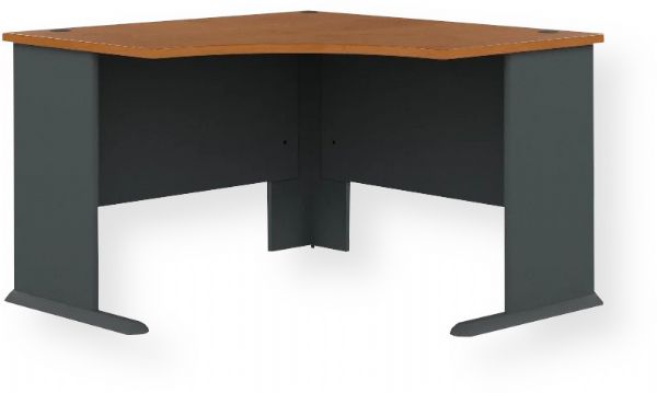 Bush WC57466 Series A 48W Corner Desk, Natural Cherry and Slate; Thermally Fused Laminate Over Engineered Wood; Thermally Fused Laminate Finish Fends Off Scratches And Stains; Desktop Includes Wire Management Grommets; Comfortable Curved Work Area and C-Leg Design; Finished Privacy Panel; Includes Hardware to Anchor the Office Desk to a Wall; Dimensions (HxWxD): 29.8
