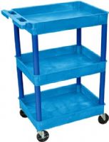 Luxor BUSTC111BU Model STC111 Tub Cart 3 Shelves, Blue, Retaining lip around the back and sides of flat shelves, Includes four heavy duty 4" casters, two with brake, Has a push handle molded into the top shelf, 24"W x 18"D shelves, Tub shelves are 2 3/4" deep, Dimensions 18"D x 24"W x 36 1/2"H, UPC 812552011881 (BU-STC111BU BUSTC111-BU BU-STC111-BU BUSTC111 BU) 