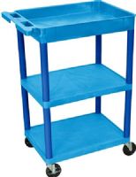 Luxor BUSTC122BU Model STC122 Tub Top & Flat Middle/Bottom Shelf Cart, Blue, Retaining lip around the back and sides of flat shelves, Includes four heavy duty 4" casters, two with brake, Has a push handle molded into the top shelf, 24"W x 18"D shelves, Has a top tub shelf and middle and bottom flat shelves 18"D x 24"W x 37 1/2"H, UPC 847210007173 (BU-STC122BU BUSTC122-BU BU-STC122-BU BUSTC122 BU) 