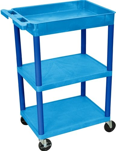 Luxor BUSTC122BU Model STC122 Tub Top & Flat Middle/Bottom Shelf Cart, Blue, Retaining lip around the back and sides of flat shelves, Includes four heavy duty 4