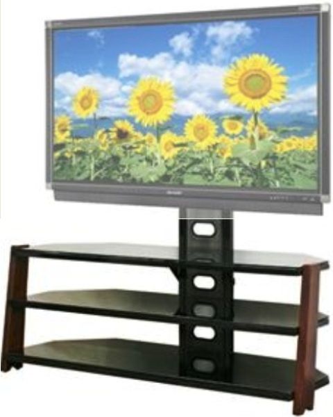 Wholesale Interiors BY-603R Preston Modern TV Stand with Integrated Mount, Antiqued cherry veneer finish brings warmth to your decor, Three black tempered glass shelves add sophistication, Integrated black powder-coated steel mount fits a variety of flat panel TV sizes -maximum 57