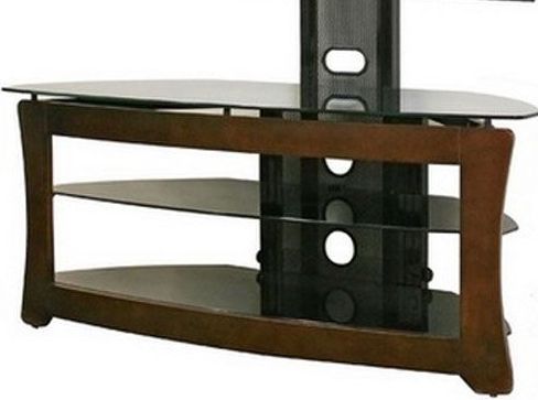 Wholesale Interiors BY-KD501 Bancroft Modern TV Stand with Integrated Mount, Antiqued cherry veneer finish brings warmth to your decor, Three black tempered glass shelves add sophistication, Integrated black powder-coated steel mount fits a variety of flat panel TV sizes - maximum 55