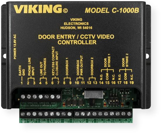 Viking Electronics  C1000B Two Door Entry and CCTV Camera Controller; Black;  Allows two Viking doorboxes or Viking paging amplifiers to share a single telephone line with a residential or business telephone system;  Programmable door strike activation code; Doorbox triggered CCTV camera switching; UPC 615687222463 (C1000B C-1000B C1000BVIKINGELECTRONICS C1000B-VIKINGELECTRONICS C1000BCAMERACONTROLLER C1000B-CAMERACONTROLLER)