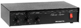 Bogen C20 Classic Series Amplifier; Black; 20 Watt output power, respectively; Transformer isolated 4 Ohm, 8 Ohm, 16 Ohm, 25 Volt and 70 Volt output taps; Rear panel auxiliary receptacle; One dedicated MIC 1 input Lo Z balanced; One switchable MIC 2 or AUX 1 input; Contact muting of AUX input; UPC 765368330250 (C20 C-20 BOGENC20 BOGEN-C20 AMPLIFIERC20 BOGENC20-AMPLIFIER) 