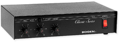 Bogen C20 Classic Series Amplifier; Black; 20 Watt output power, respectively; Transformer isolated 4 Ohm, 8 Ohm, 16 Ohm, 25 Volt and 70 Volt output taps; Rear panel auxiliary receptacle; One dedicated MIC 1 input Lo Z balanced; One switchable MIC 2 or AUX 1 input; Contact muting of AUX input; UPC 765368330250 (C20 C-20 BOGENC20 BOGEN-C20 AMPLIFIERC20 BOGENC20-AMPLIFIER)
