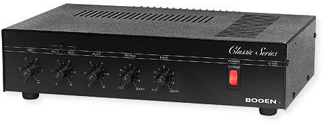 Bogen C35 Classic Series Amplifier; Black; 35 Watt output power, respectively; Transformer isolated 4 Ohm, 8 Ohm, 16 Ohm, 25 Volt and 70 Volt output taps; Rear panel auxiliary receptacle; One dedicated MIC 1 input Lo Z balanced; One switchable MIC 2 or AUX 1 input; Contact muting of AUX input; UPC 765368330335 (C35 C-35 BOGENC35 BOGEN-C35 AMPLIFIERC35 BOGENC35-AMPLIFIER)