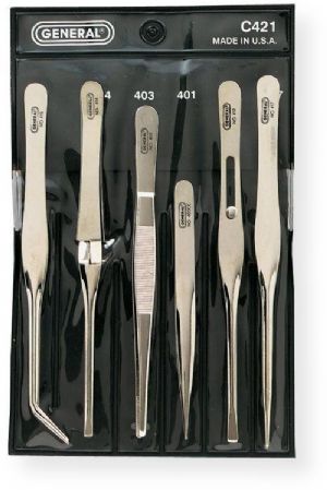 General C421 Tweezers Set; Includes six nickel plated tweezers for home and industrial use; Packaged in a clear vinyl pouch; Excellent for tool makers, repairmen, assemblers, assembly repairs, and servicing; Set contains one each of 4 1/" sharp, 6" blunt, 6 1/2" slide lock blunt, 6 1/2" blunt serrated self closing, 6 1/2" curved, and 6 1/2" long straight; UPC 038728423092 (C421 C-421 GC421 GENERALC421 GENERALGC421 GENERAL-C421) 