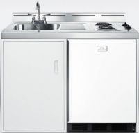 Summit C48EL Wide 48" All-In-One Kitchenette with Two Coil Burners, a Cycle Defrost Refrigerator-Freezer, Sink and Faucet, White Cabinet, 5.1 cu.ft. Capacity, Reversible Door, RHD Right Hand Door Swing, One piece stainless steel countertop; Perfect in small quarters or as a temporary kitchen; Large convenient cabinet with center shelf lets you store dry goods behind a door (C48-EL C48 EL) 