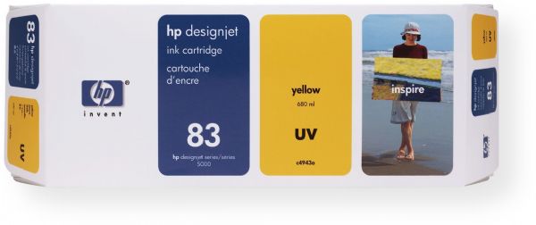 HP Hewlett Packard C4943A model 83 Yellow Ink Cartridge For use with HP Designjet 5000 series printers, Inkjet Print Technology, Pigmented Ink Type, 680 ml Ink Volume, New Genuine Original OEM HP Hewlett Packard Brand, UPC 025184252779 (C 4943A C-4943A C4943-A C4943 A)