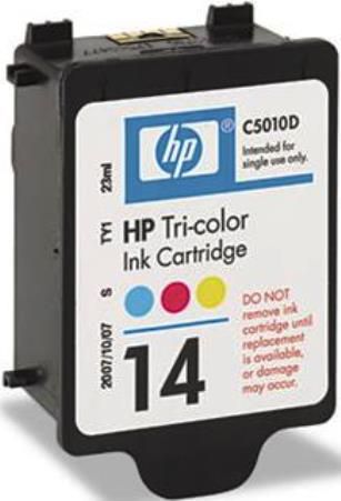 HP Hewlett Packard C5010D HP 14 Tri-color Inkjet Print Cartridge for use with CP1160, CP1160n, CP1160tn Color Inkjet; Printer 610 Digital Copier; 610, 7110, 7110xi, 7130, 7130xi, 7140xi, D125xi, D135, D135xi, D145, D145xi, D155xi Officejet Printers; Up to 470 page yield; New Genuine Original OEM HP Hewlett Packard Brand, UPC 808736526852 (C5-010D C50-10D C501-0D)