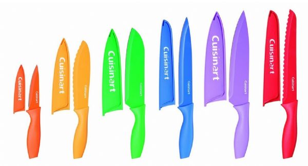 Cuisinart C55-01-12PCKS Advantage 12-Piece Color-Coded Professional Stainless Steel Knives Set; Includes 6 knives and 6 blade guards; Razor Sharp High Quality Stainless Steel Blades; Ergonomically Designed; Non-Stick Color Coating for easy slicing; Color coding reduces the risk of cross-contamination during food preparation; Style-conscious hues; Includes Owners Manual and Recipe Book; Box Dimensions 1.1 x 5.5 x 13.4 in, 2 lbs; UPC 086279071965 (C550112PCKS C5501 12PCKS C55 0112)