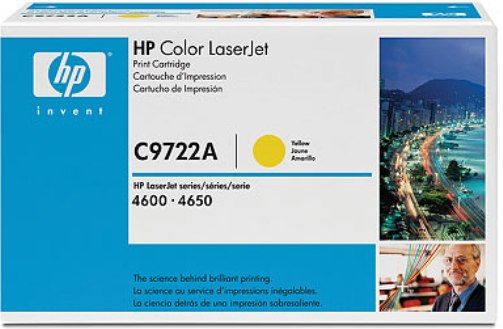 HP Hewlett Packard C9722A Color LaserJet Yellow Print Cartridge, Work with HP Color LaserJet 4600, 4600dn, 4600dtn, 4600hdn, 4600n, 4650, 4650dn, 4650dtn, 4650hdn & 4650n Printers, Average cartridge yields 8000 standard pages, New Genuine Original OEM HP Hewlett Packard brand, UPC 088698394779 (C97-22A C-9722A C9722)