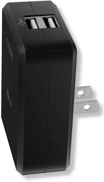 Coby CA81BLK Dual USB Power Adapter/Charger, Black Color; Power or charge two USB devices simultaneously; Compatible with USB-powered devices such as iPod, MP3 players, cellular phones, PDAs, and moreM Fold-away plug for protected portability; Compact and lightweight design; Dimensions 1