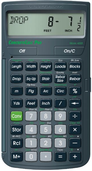 Calculated Industries 4225 ConcreteCalc Pro Calculator, 11 digit display, Battery powered -CR2016, Dimensional math and conversions, Unit estimasting, costing, and pricing, Stair, rebar, angle, circular solutions, ark grey with hard cover, Work in Yards, Feet-Inch-Fractions, Calculate Area, Volume and Weight per Volume, Automatic Square-ups and Drops, Rebar solutions for total Linear Feet and Weight per size (CALCULATED4225 CALCULATED-4225 4225)