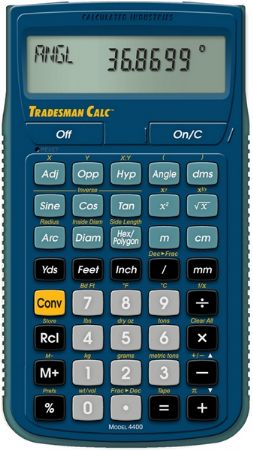Calculated Industries 4400 Tradesman Calc Trades Math and Conversion Calculator; Work in Architectural (ruler) fractions (1/4 inch, 1/16 inch, etc.), proper fractions (2/3), mixed number fractions (1 2/3) and improper fractions (5/3); Solve dimensional math problems, and convert between U.S and metric dimensional math units; Solve angle and side problems with trigonometry; Enter and solve circle, arc, radius hexagonal and polygonal dimensions; UPC 098584001315 (CALCULATED4400 CALCULATED-4400 CAL