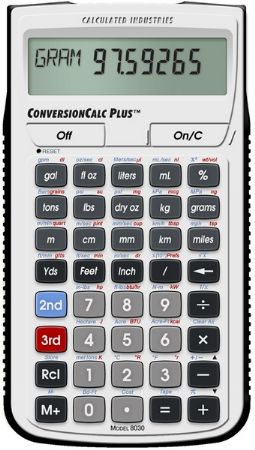 Calculated Industries 8030 ConversionCalc Plus Ultimate Professional Conversion Calculator; Provides more than 500 conversion combinations using 70 built-in Standard, Metric and other units of measure; Work in and convert between linear, area and volume units, plus weights, temperatures, velocity, flow rates, pressure, torque, energy and power; UPC 098584001308 (CALCULATED8030 CALCULATED-8030 CALCULATED 8030) 