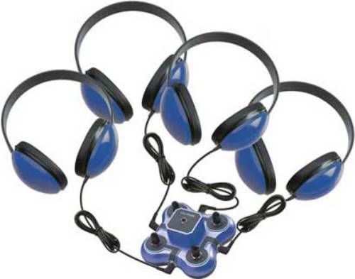 Califone 1114BL-4 Four Position Kids Non-Powered Listening Center, Blue; Silver-plated contacts prevent crackling sounds, individual volume controls, skidresistant pads at each corner wont mar or scrape surface, 3.5mm stereo plug with detachable 6 patch cord (not shown) connects with media players; UPC 610356364000 (CALIFONE1114BL4 1114BL4 1114BL)